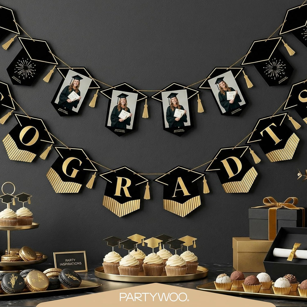 PartyWoo Graduation Decorations - Class of 2026 Black & Gold Banner Set for High School & College Celebrations