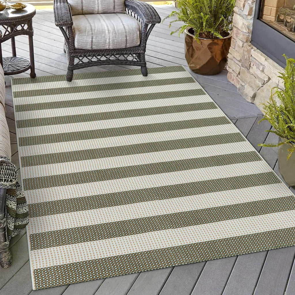 OJIA Striped Outdoor Area Rug 4'x6' Washable Patio Rugs Cotton Woven Living Room Rug Farmhouse Indoor Outdoor Rugs Large Floor Carpet for Courtyard/Bedroom/Entryway (Green/White/Tan)