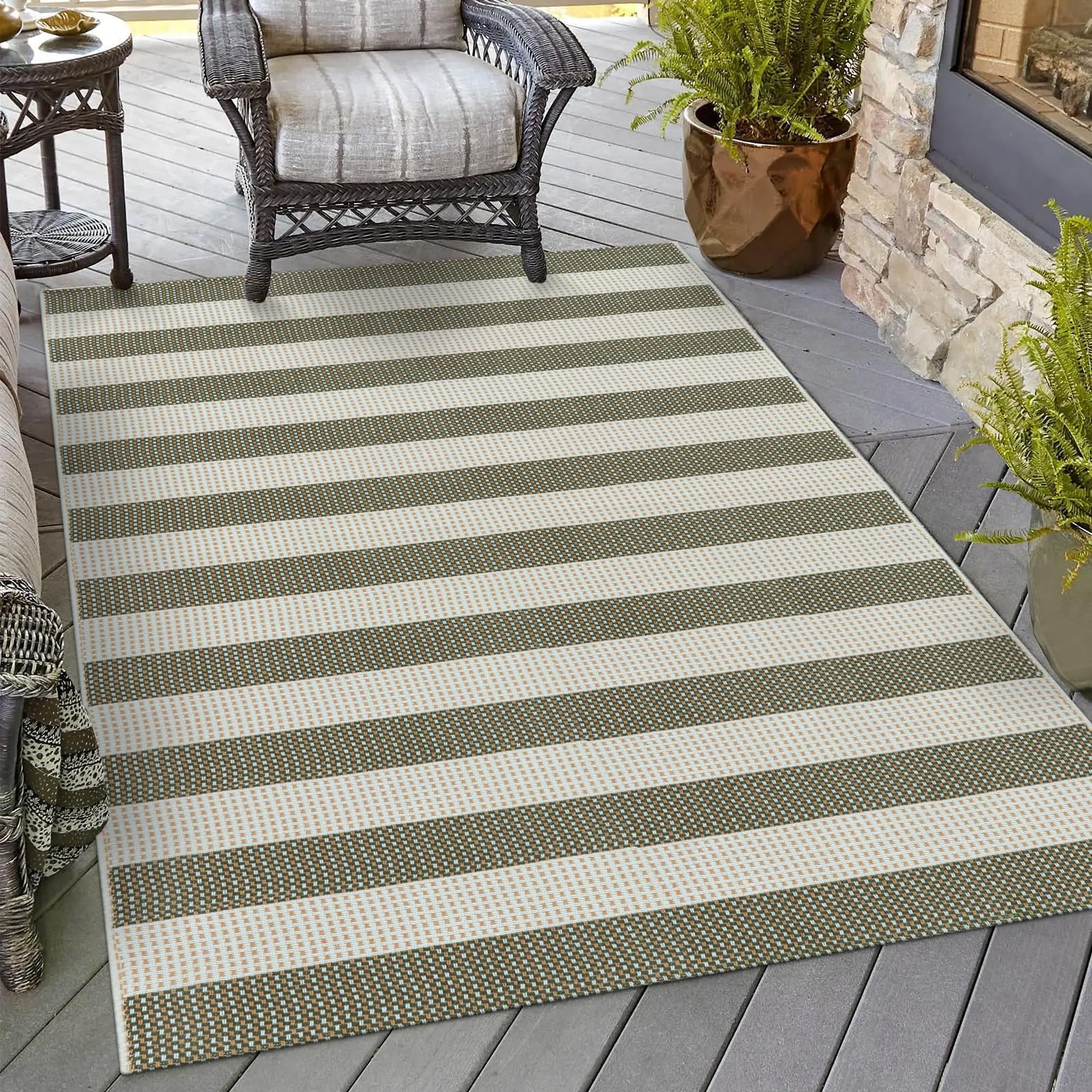 OJIA Striped Outdoor Area Rug 4'x6' Washable Patio Rugs Cotton Woven Living Room Rug Farmhouse Indoor Outdoor Rugs Large Floor Carpet for Courtyard/Bedroom/Entryway (Green/White/Tan)