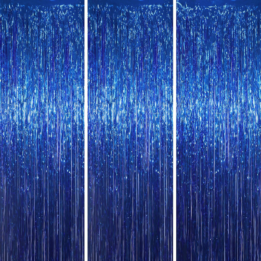 Voircoloria Blue Foil Fringe Backdrop Curtains - 3 Pack Tinsel Streamers for Parties & Events | 3.3x8.2 Feet