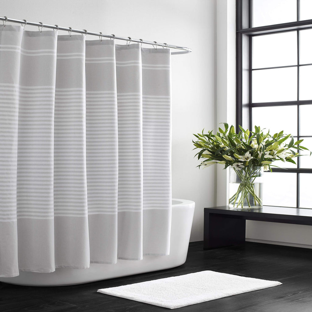 Vera Wang - Fabric Shower Curtain, Cotton Bathroom Decor with Hook Holes Top (Seersucker White, 70" x 72")