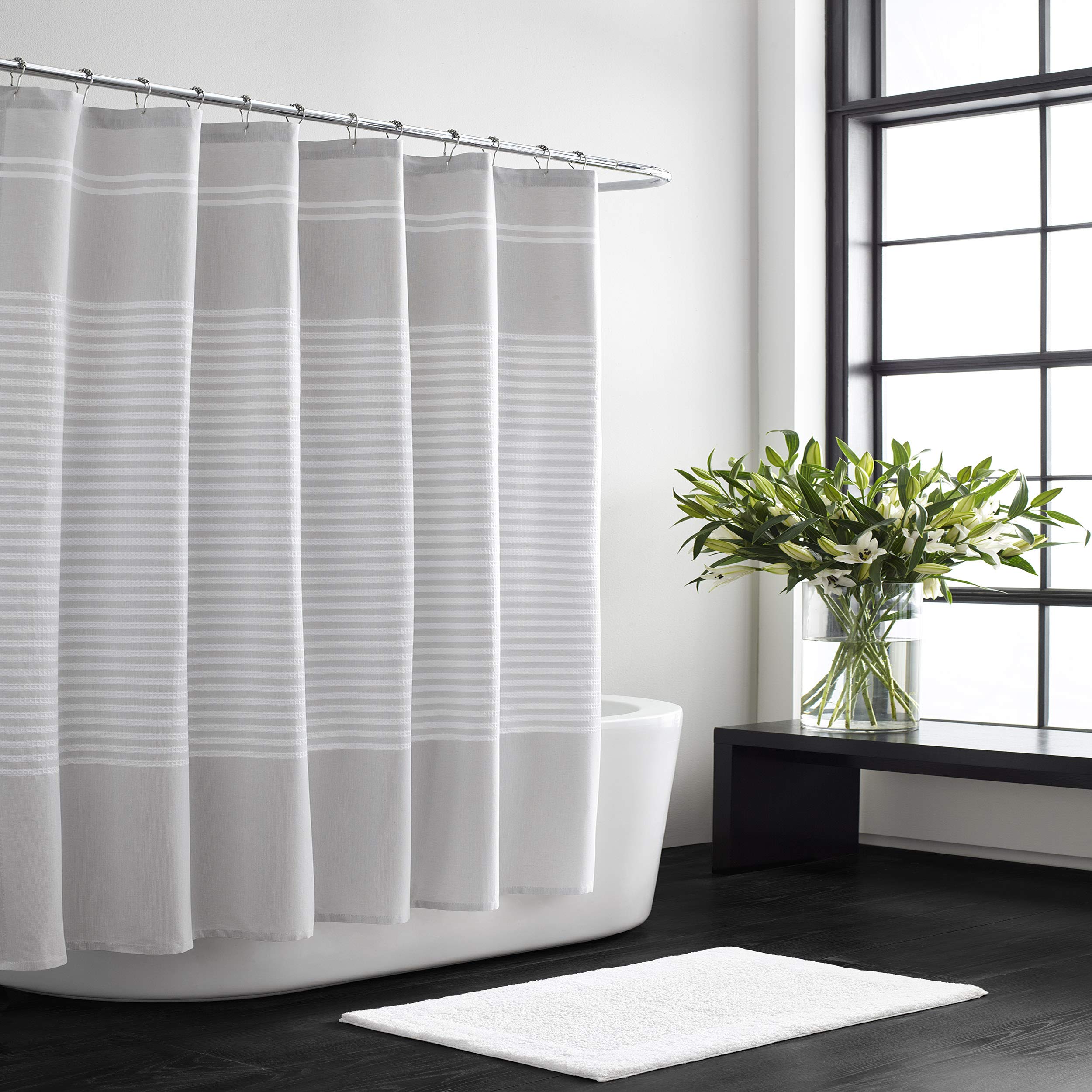 Vera Wang - Fabric Shower Curtain, Cotton Bathroom Decor with Hook Holes Top (Seersucker White, 70" x 72")