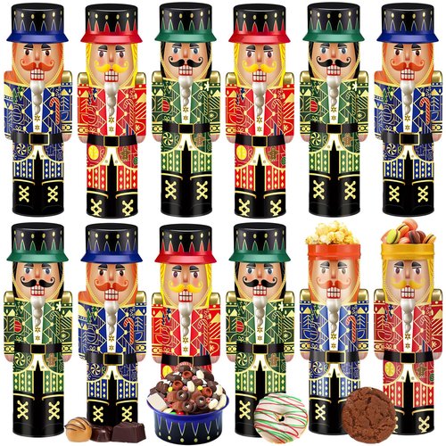 Roshtia 12 Pcs Christmas Cookie Tins with Lids Nutcracker Cookie Containers 12 Inch Decorative Treats Storage Tins Nutcracker Christmas Gift Kitchen Counter Decor for Gift Giving Baking Treat Storage