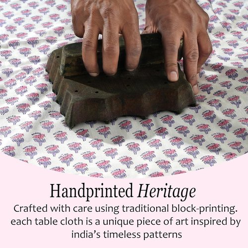 CPC Tablecloth - 100% Cotton Square Table Cover | 60x60 Inch Indian Block Print - Pink Sapphire