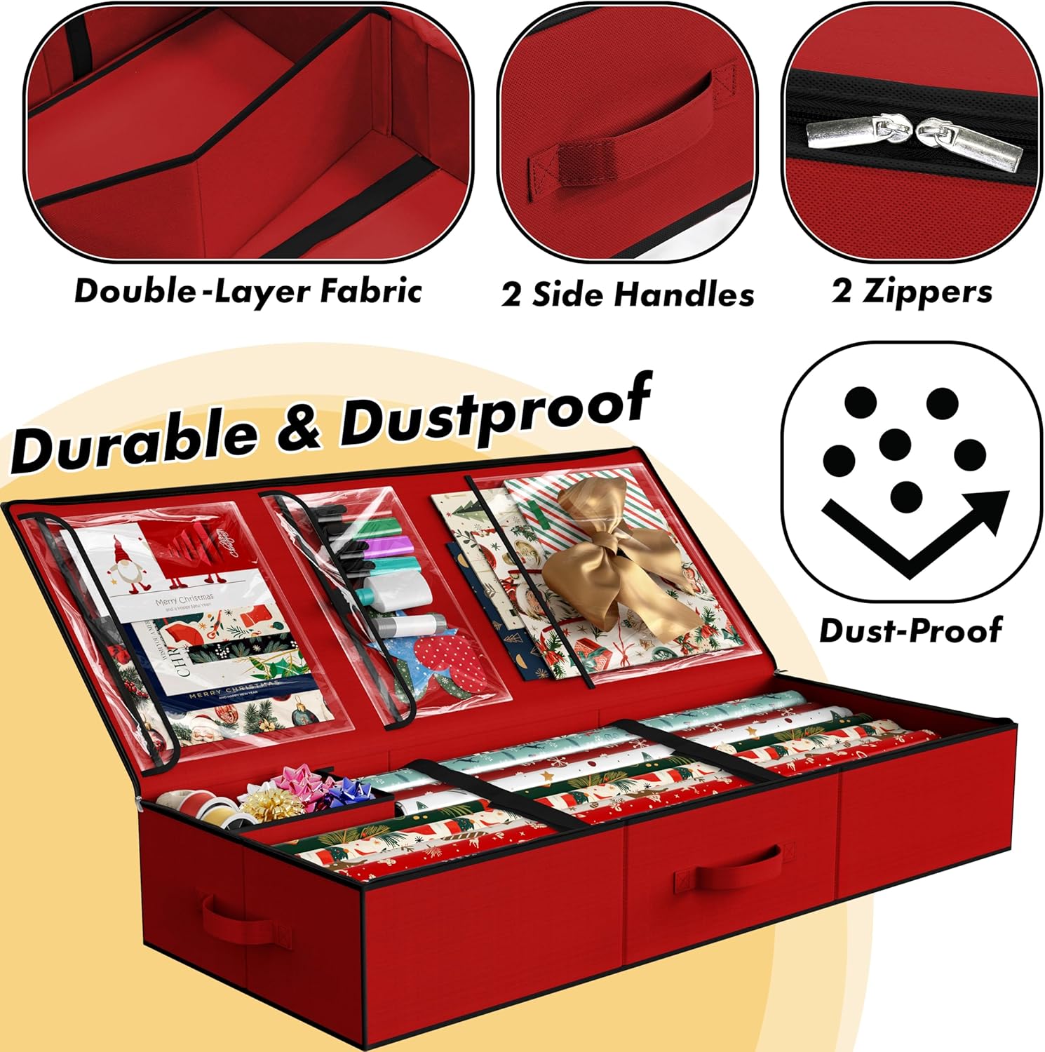 Simple Houseware Wrapping Paper Storage Organizer - Holds 40 Rolls with Adjustable Straps & Pockets, 41.5''L x 16''W, Red