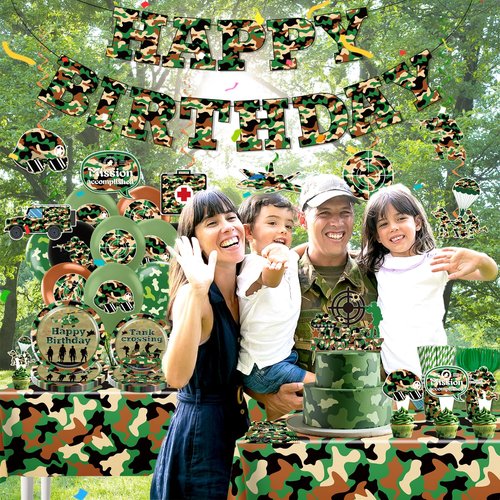 198pcs Army Birthday Party Decorations Include Camo Plates and Napkins Set, Banner, Hanging, Tablecloth, Balloon, Cupcake Topper, for Camouflage Hunting Military Theme Birthday Party, Serve 25