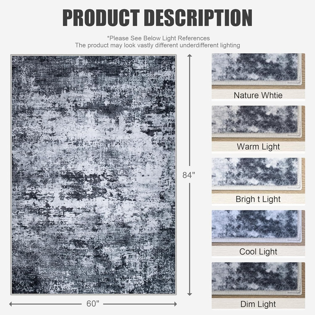 Skiennix 5x7 Area Rug - Washable Modern Abstract Design | Soft, Stain-Resistant Carpet for Living Room, Bedroom, Office - Black