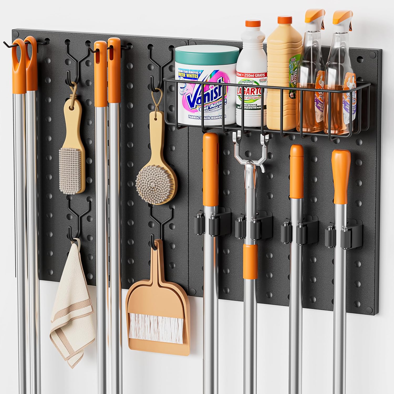 Pegboard Wall Organizer by Broom Holder - Mop Hanger Gripper Hooks & Storage Basket for Laundry Room