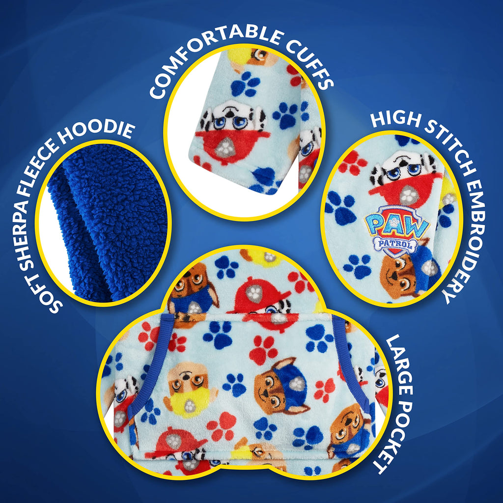 Paw Patrol Blanket Hoodie for Kids Toddlers, Fleece Wearable Blanket with Sherpa Hood, Marshall Rubble Chase Gifts for Kids (Blue, 2-4 Years)
