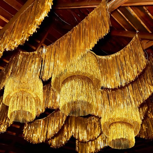 Hahafelt 6 Pcs Graduation Party Decorations 1920s 2 Tier Tinsel Chandelier Foil Fringe Tassels Trim Shiny Hanging Ceiling Fringe Banners for 1920s Disco Birthday Grad Party Props(Gold)