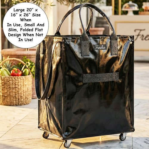 FRESHIE Reusable Grocery Bag On Wheels, Shopping Trolley, Rolling Tote, Zipper Closure, Lightweight, Carries Up to 66 lb, Folds Flat, Unbreakable Handles (Large, Black)