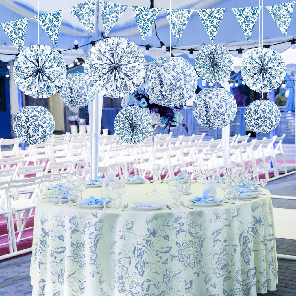 Tujoe 19 Pcs Chinoiserie Themed Party Decorations 10 Paper Lanterns 3 Triangle Flags Banner 6 Hanging Round Fans Blue and White Print Chinese Hanging Decoration for Ceiling Wedding Birthday Home Decor