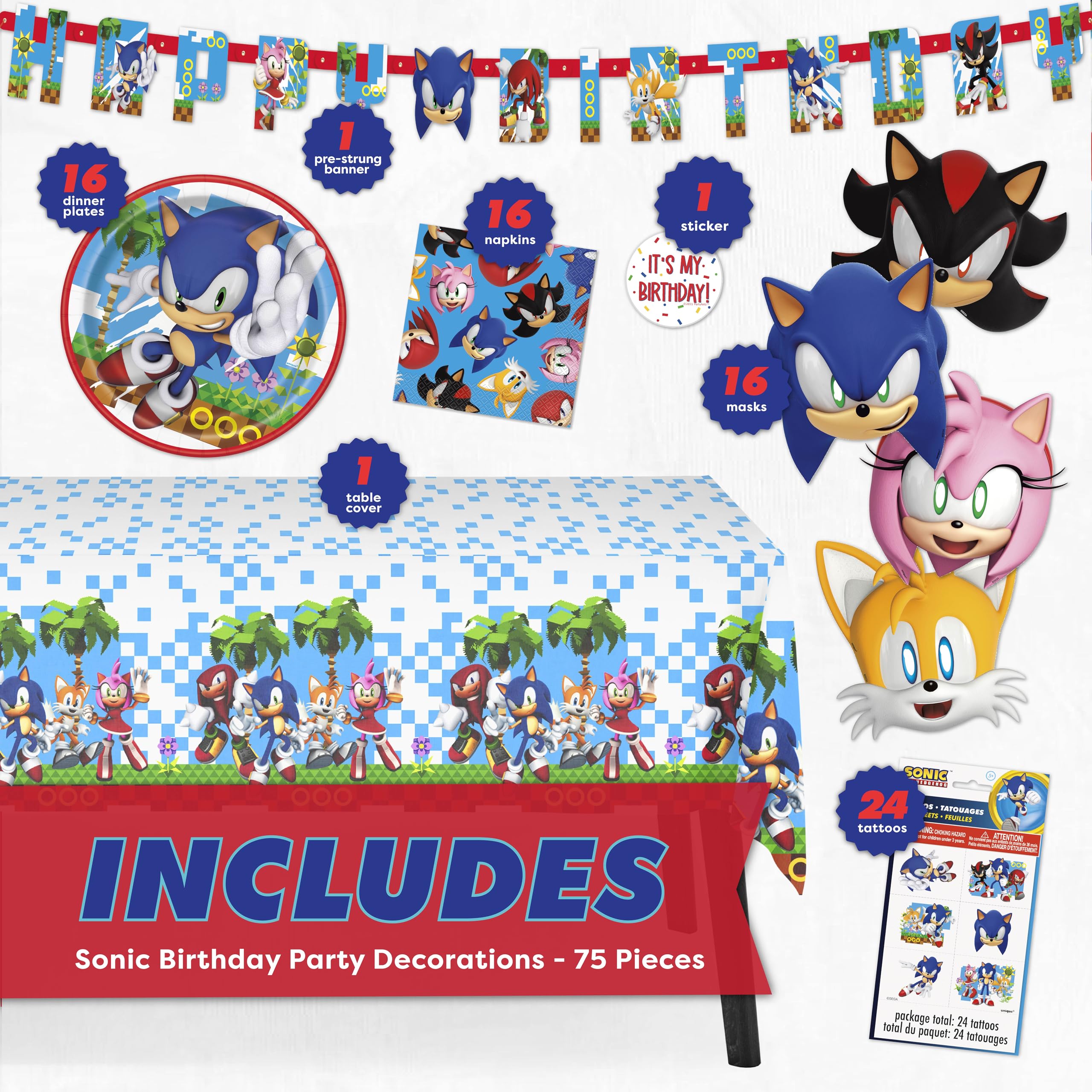 Sonic Birthday Party Decorations | Serves 16 Guests | Masks, Tattoos, Banner, Tablecloth, Plates, Napkins, Sticker | Officially Licensed