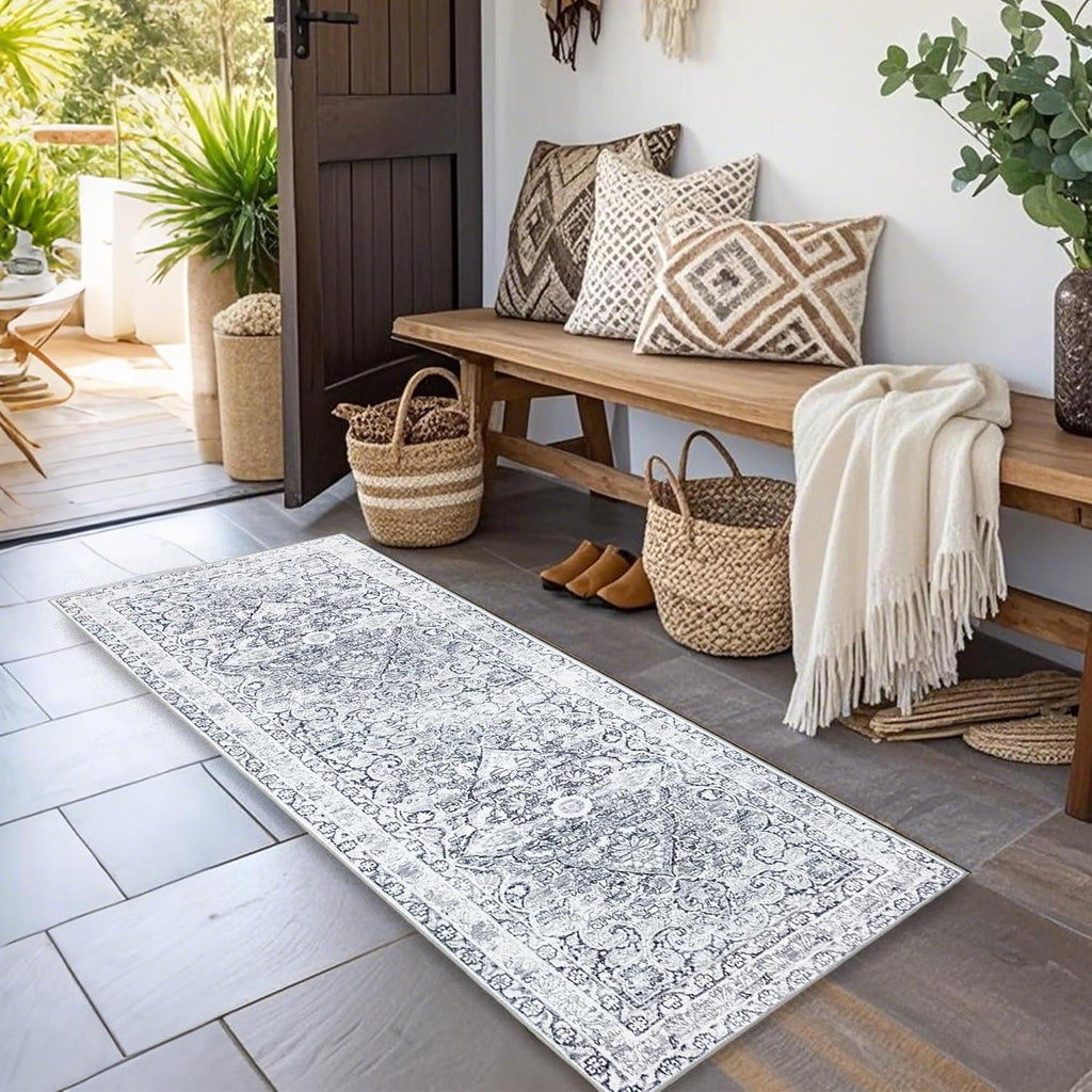 Skiennix Vintage Washable Runner Rug - Soft Non-Slip Backing | Stain Resistant Gray Mat for Hallway & Kitchen