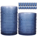 Moretoes Hobnail Drinking Glasses Set of 16, 12 Oz Highball Glasses & 10 Oz Cocktail Glasses, Clear Embossed Boho Glass Cups Kitchen Bar Tumbler Glassware Set for Whiskey, Beer, Juice, Milk (Blue)