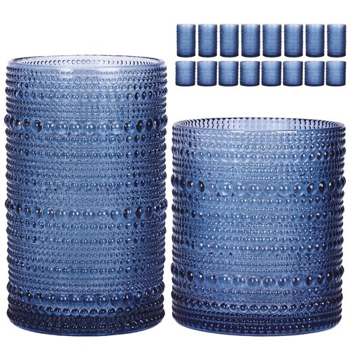 Moretoes Hobnail Drinking Glasses Set of 16, 12 Oz Highball Glasses & 10 Oz Cocktail Glasses, Clear Embossed Boho Glass Cups Kitchen Bar Tumbler Glassware Set for Whiskey, Beer, Juice, Milk (Blue)