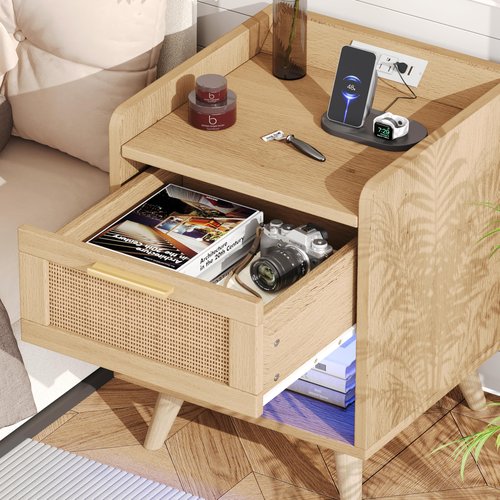 Keehusux Night Stands Set of 2, 13.8"W Nightstands with Charging Station, Boho End Table with LED Lights, Rattan Bed Side Table with Drawer & Metal Handle, Solid Wood Feet, for Bedroom, Dorm, Natural