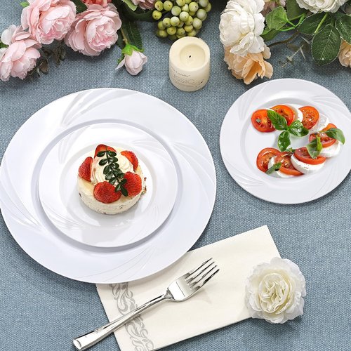 VajilaPhil 350-Piece White Swirls Plastic Dinnerware Set for 50 Guests, Elegant Disposable Dinnerware for Party, Wedding. Includes 10.25" Dinner Plates, 6.5" Dessert Plates, Silverware, Napkins, Cups