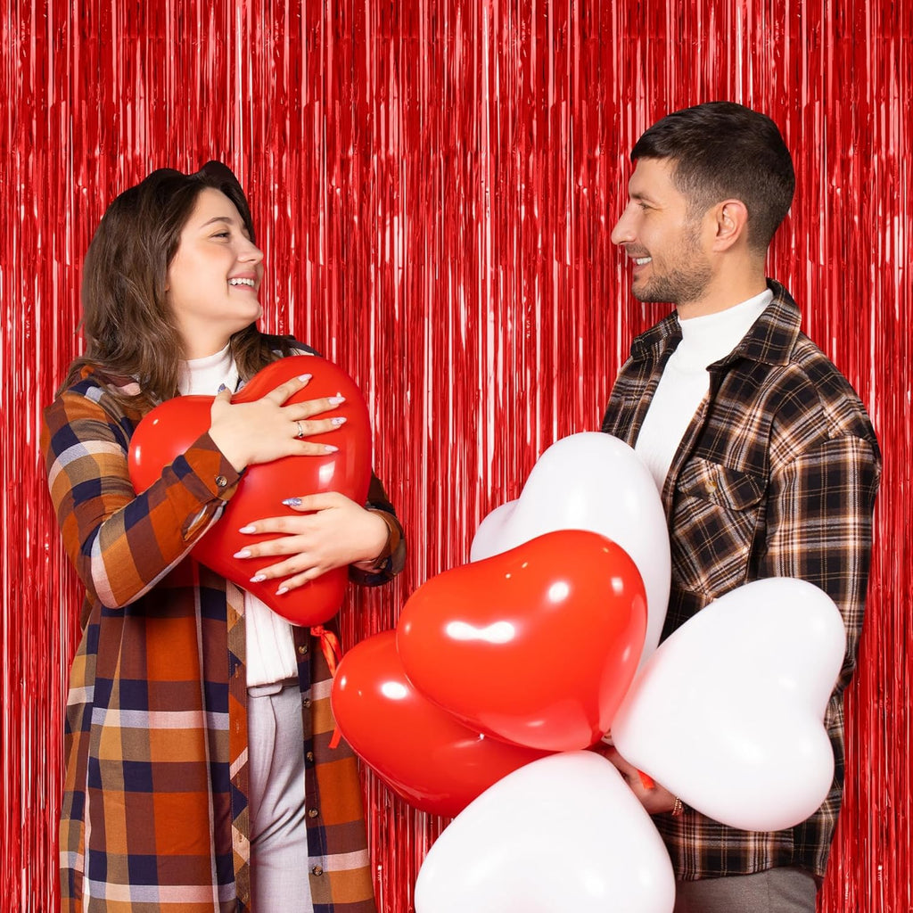 Red Tinsel Backdrop by [Brand Name] - 2 Pack Fringe Curtains | 3.28 FT x 7.05 FT for Weddings & Valentine's Day