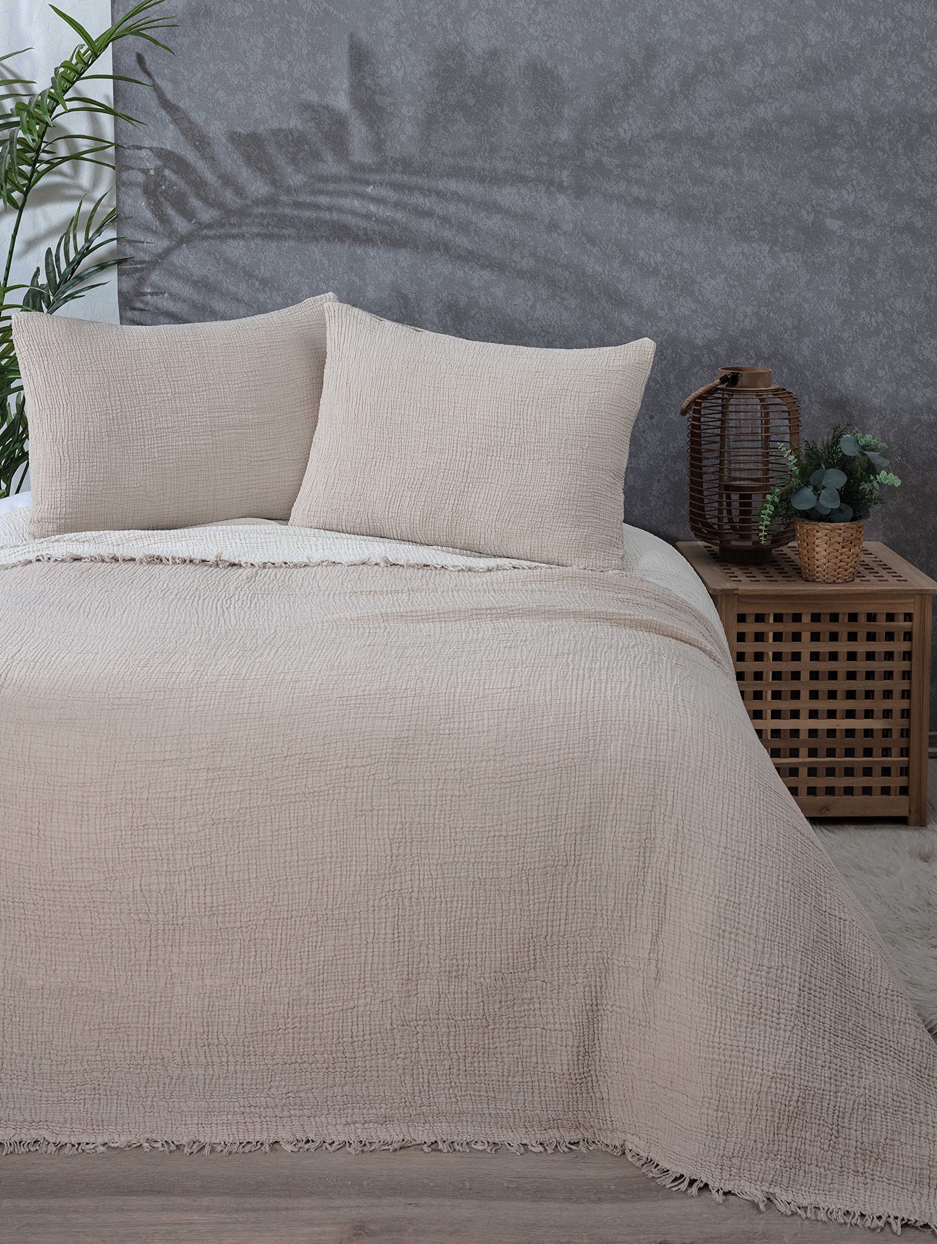DEKADRON 100% Cotton Muslin Throw Blanket, 4 Layers Bedspread, Soft Turkish Cotton Muslin Bed Cover, Reversible Coverlet, Mink (Full/Queen Size 91x95-230x240cm)