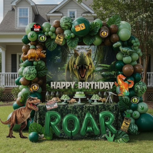 Dinosaur Birthday Decorations with Hunter Green Brown balloon arch & small T-Rex Foil balloons & backdrop Sign & Artificial Palm Leaves for Boys Jungle Safari Dino ROAR Party Supplies (Green Brown)