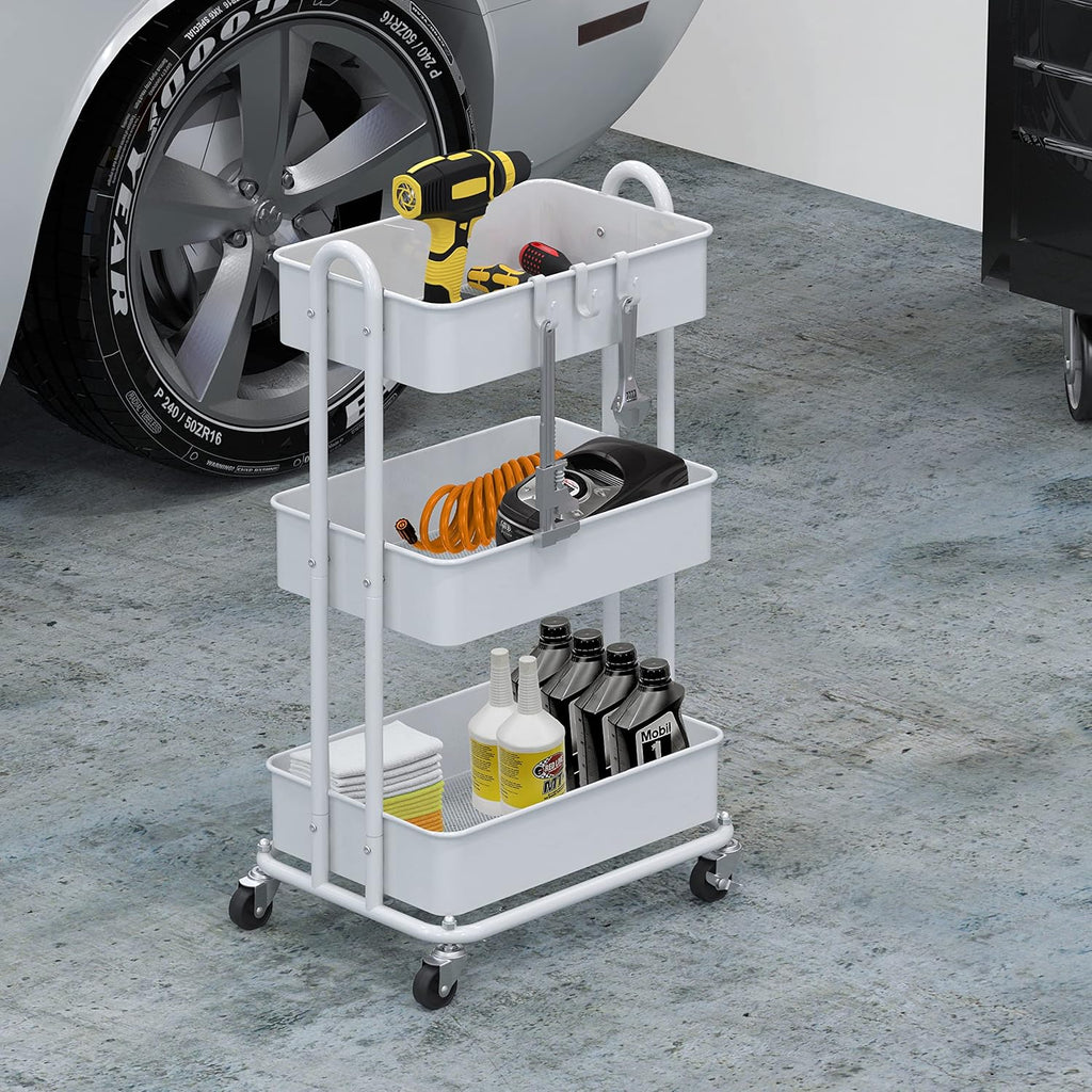 Simple Houseware 3-Tier Metal Utility Rolling Cart - Heavy Duty & Versatile, White Finish