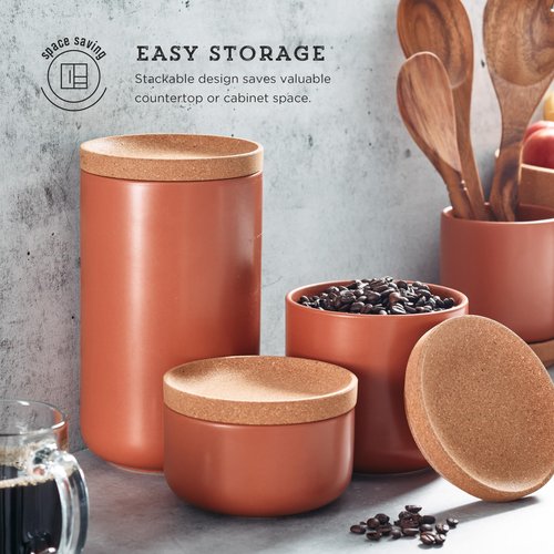 Kamenstein Ceramic and Cork Lid Stackable Canisters, Natural Cork and Terra Cotta Ceramic, Set of 3, 1/2 qt, 1 qt, 2 qt