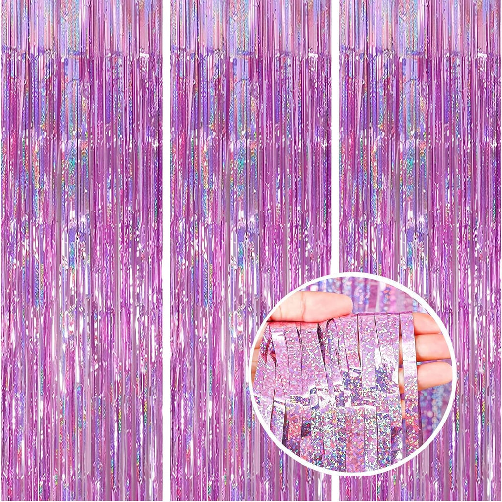 Skiennix Foil Curtain Backdrop - 3 Pack Tinsel Fringe Curtains for Parties | 3.3x6.6 ft Pink Decor