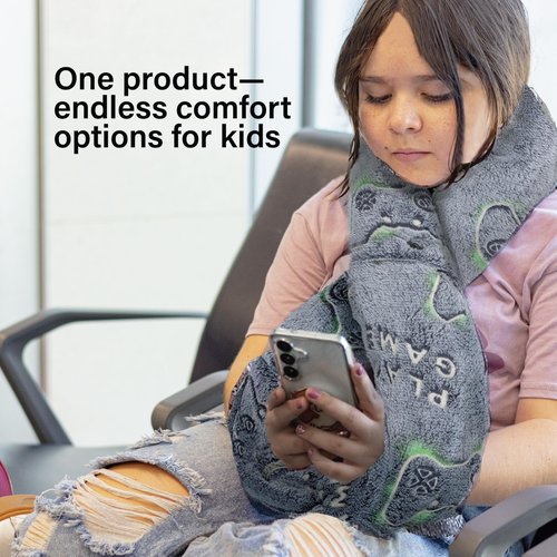NAPRO Kids 3-in-1 Travel Blanket and Pillow Combo, Convertible Infinity Scarf, Lightweight Neck Support for Airplane, Car & Camping, Glow-in-The-Dark - Gamer