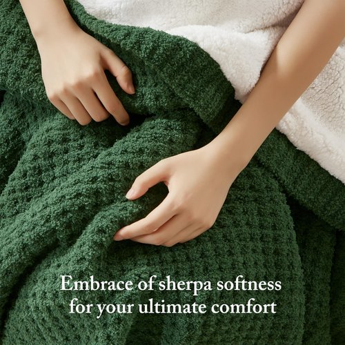 Madison Park Luxuriously Cozy Chenille Throw Blanket Waffle Weave Reversible Soft & Warm Sherpa Throw, Lightweight, Breathable Waffle Throw, Farmhouse Room Décor Summer Blanket, 50x60, Green