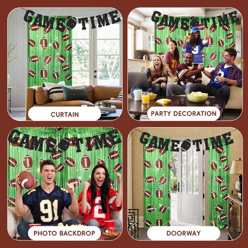 Football Party Decorations Backdrop 3.3x6.6 Ft Football Foil Fringe Curtain Sports Birthday Party Decorations Supplies with Game Time Banner