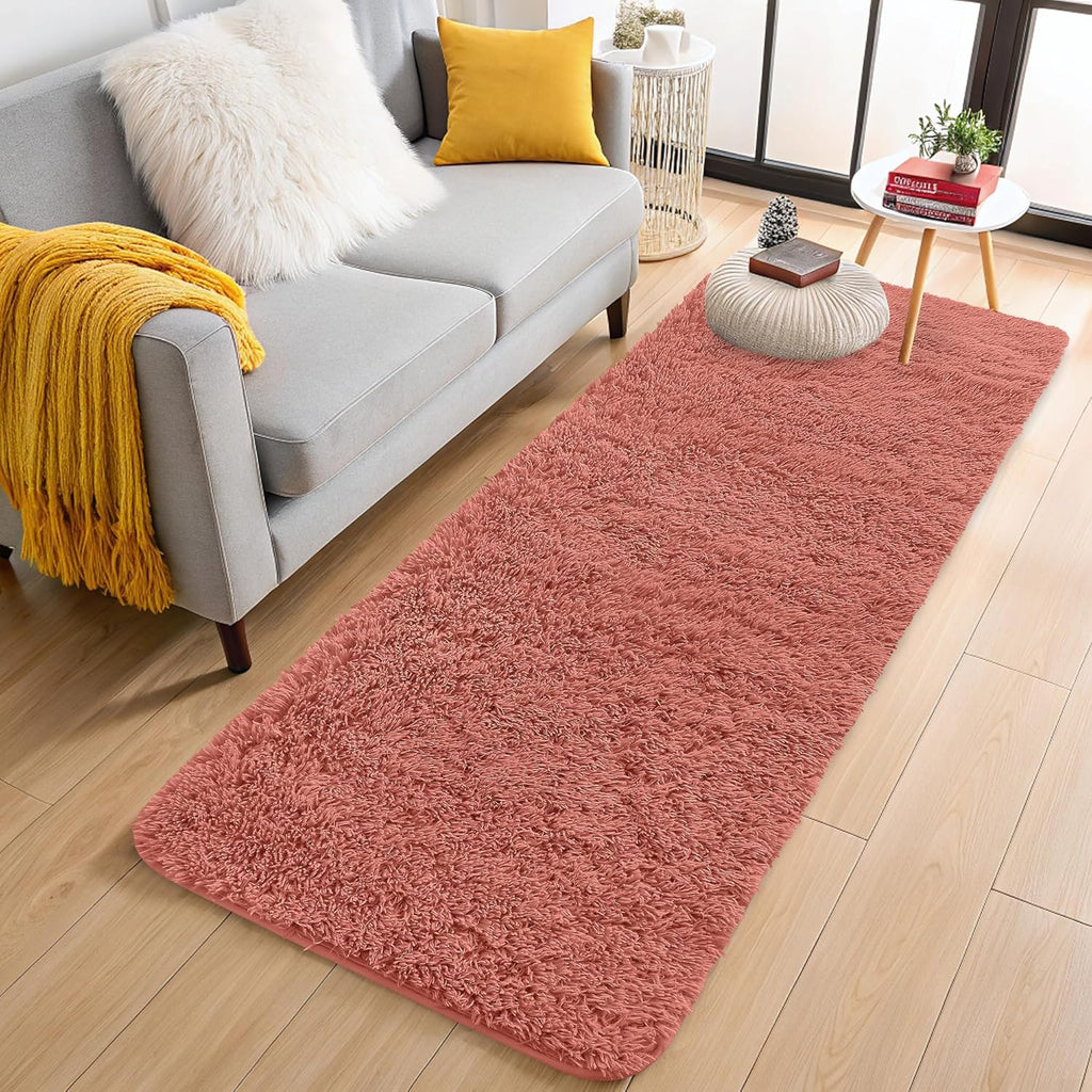 OLANLY Machine Washable Runner Rugs - Soft Fluffy Shaggy Design for Bedroom & Hallway | Rust Red