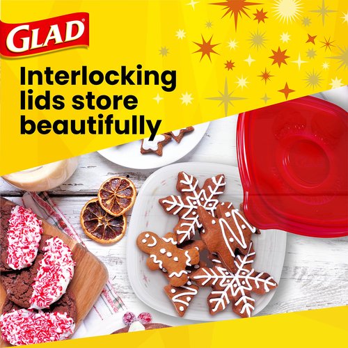 Glad GladWare Tall Entree Holiday Edition Food Storage Containers with Red Star Lids, Large Square BPA Free for Holiday Cookies and Leftovers, Microwave Freezer Dishwasher Safe, 42 Oz, 3 Count