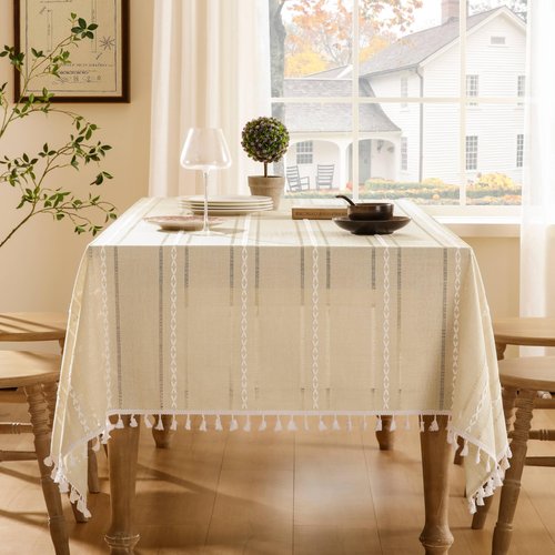 ZeeMart Hemstitched Embroidery Striped Boho Tablecloth 60x104 Inch Beige, Heavy Weight Farmhouse Burlap Linen Beige Tablecloth, Wrinkle Resistant Washable Table Cloth for Rectangle Table