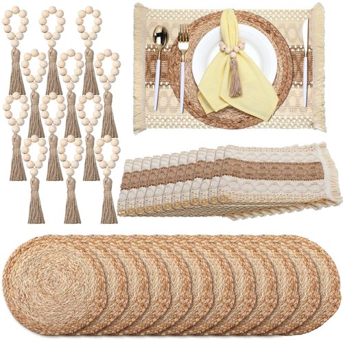 Zhehao 12 Set/36 Pcs Boho Table Placemats, Spring Natural Cotton Burlap, Grass Woven Mats, Macrame Table Decor Farmhouse Style with Tassels Beads Napkin Rings for Wedding Engagement Party