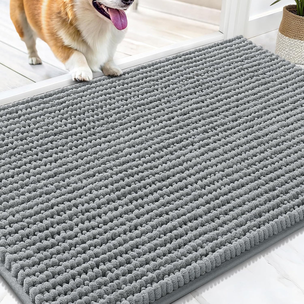OLANLY Dog Door Mat - Ultra Absorbent Chenille Mud Doormat | Non-Slip & Washable 30x20, Grey