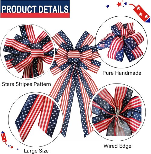 Large Patriotic Bow Wreath by [Brand Name] - 4th of July Decor with American Flag Design | Indoor/Outdoor Red & Blue Stars, 11.4x20.8''