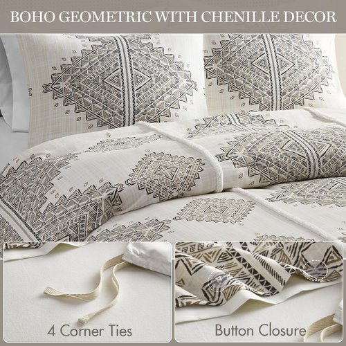 Madison Park Queen Duvet Cover Set, Boho Duvet Cover with Chenille Trims, All Seasons, Microfiber Bedding, Pillow & Shams, Ibiza, Black/Ivory 4 Piece