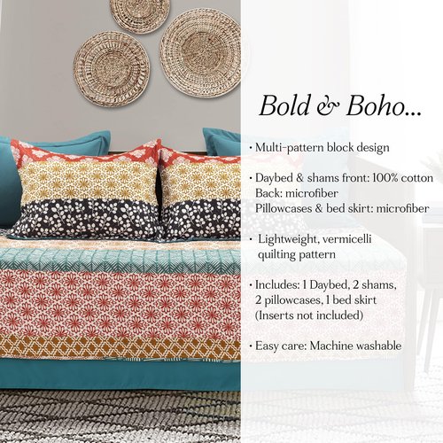 Lush Decor Bohemian Stripe Daybed Cover Set 6 Piece Set, 39" W x 75" L, Turquoise & Orange - Striped Bedding Set - Twin Quilt - Boho Decor