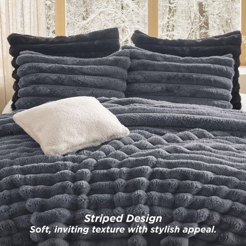 Bedsure Faux Fur King Size Comforter Set - Grey Fluffy Comforter King Size, Soft and Cozy Shaggy Winter Bedding Comforter Sets, Warm Luxury Fuzzy Bed Set 3 Pieces, 1 Comforter and 2 Pillowcases
