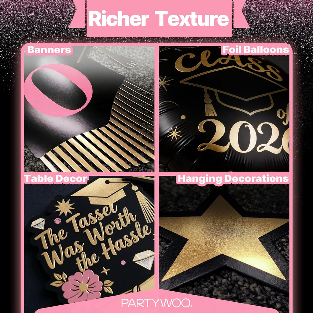 PartyWoo Graduation Decorations - Class of 2026 Black, Gold & Pink 19-Piece Set with Congrats Banner & Balloons