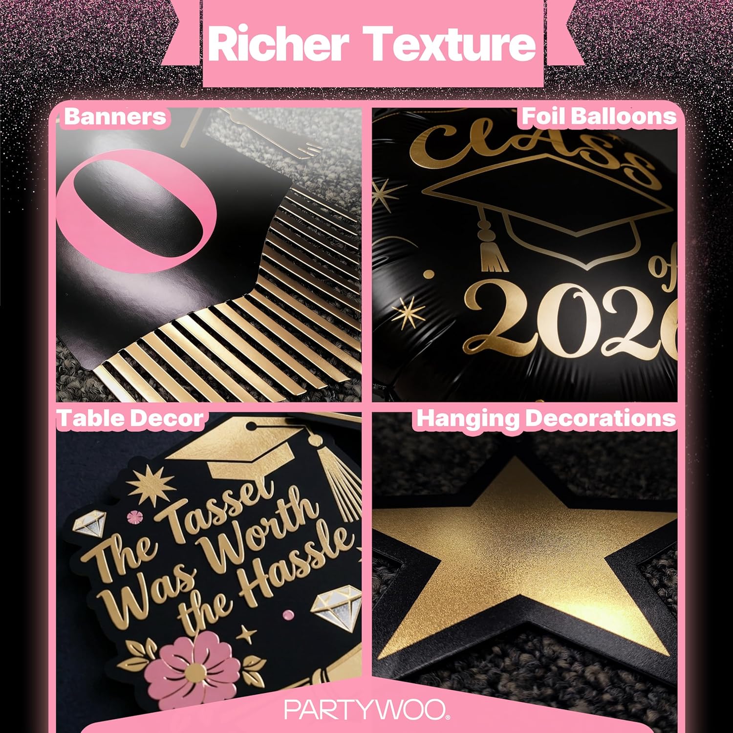 PartyWoo Graduation Decorations - Class of 2026 Black, Gold & Pink 19-Piece Set with Congrats Banner & Balloons