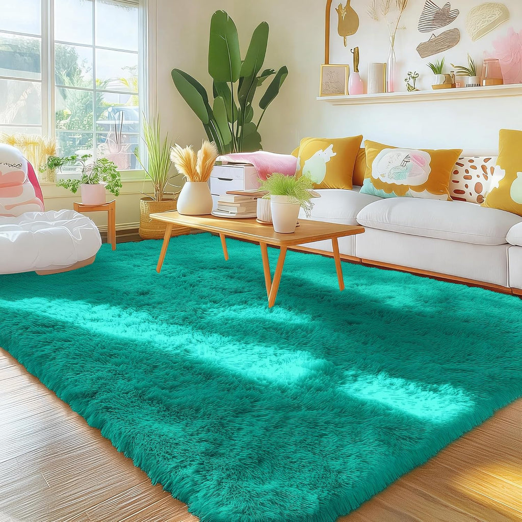 OLANLY Area Rugs - Soft Fluffy Shaggy Carpet for Living Room & Bedroom | Machine Washable 4x5.9 ft in Teal Green