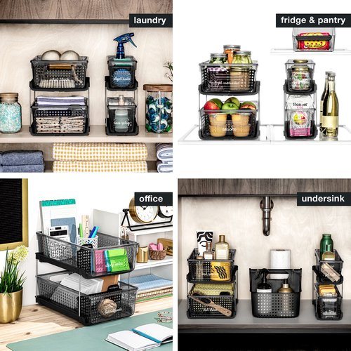 madesmart 2-Tier Organizer Multi-Purpose Slide-Out Storage with Handles and Dividers for Home and Bath, Pack of 4, Carbon