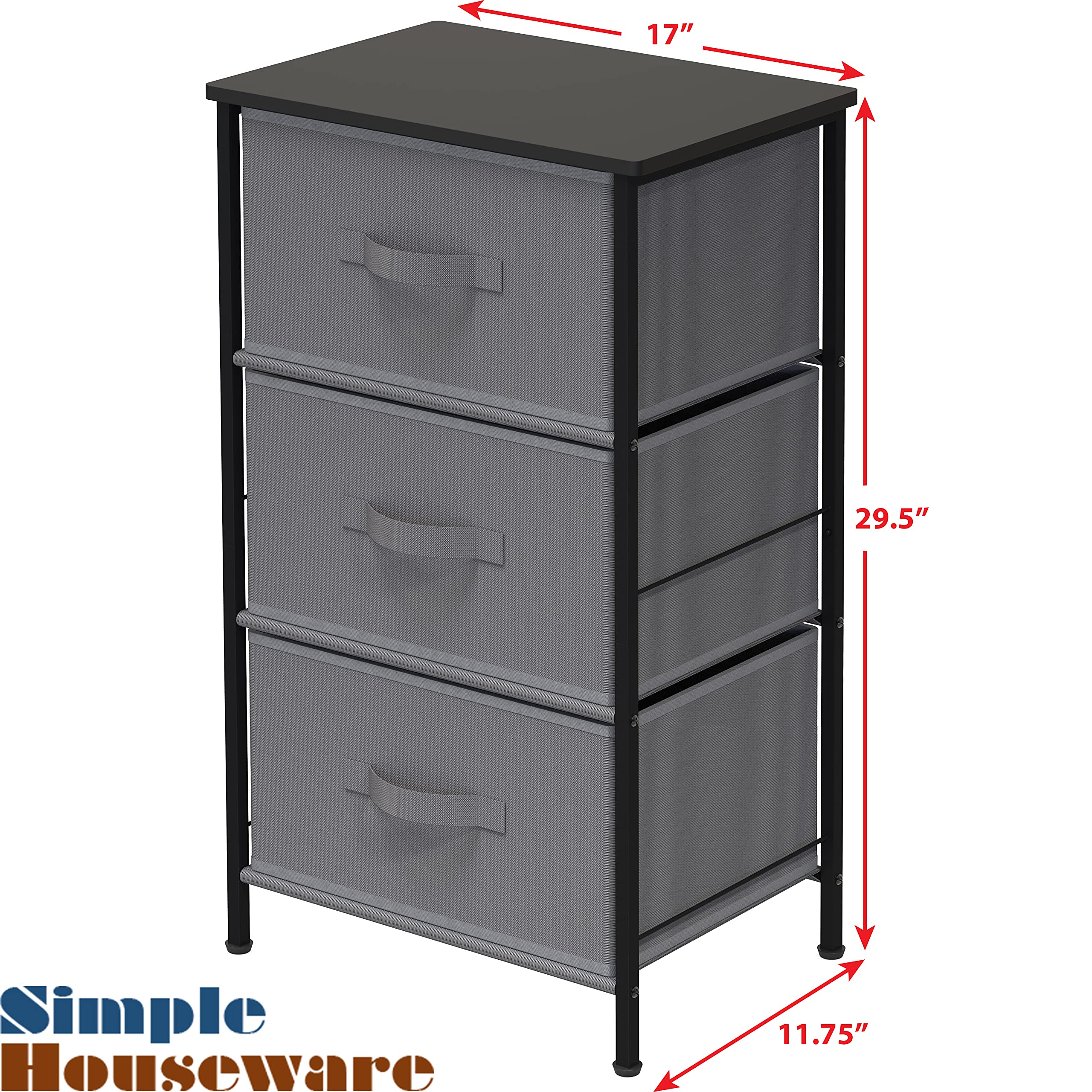 Simple Houseware 3 Drawer Nightstand Dresser with Wood Top, Dark Grey
