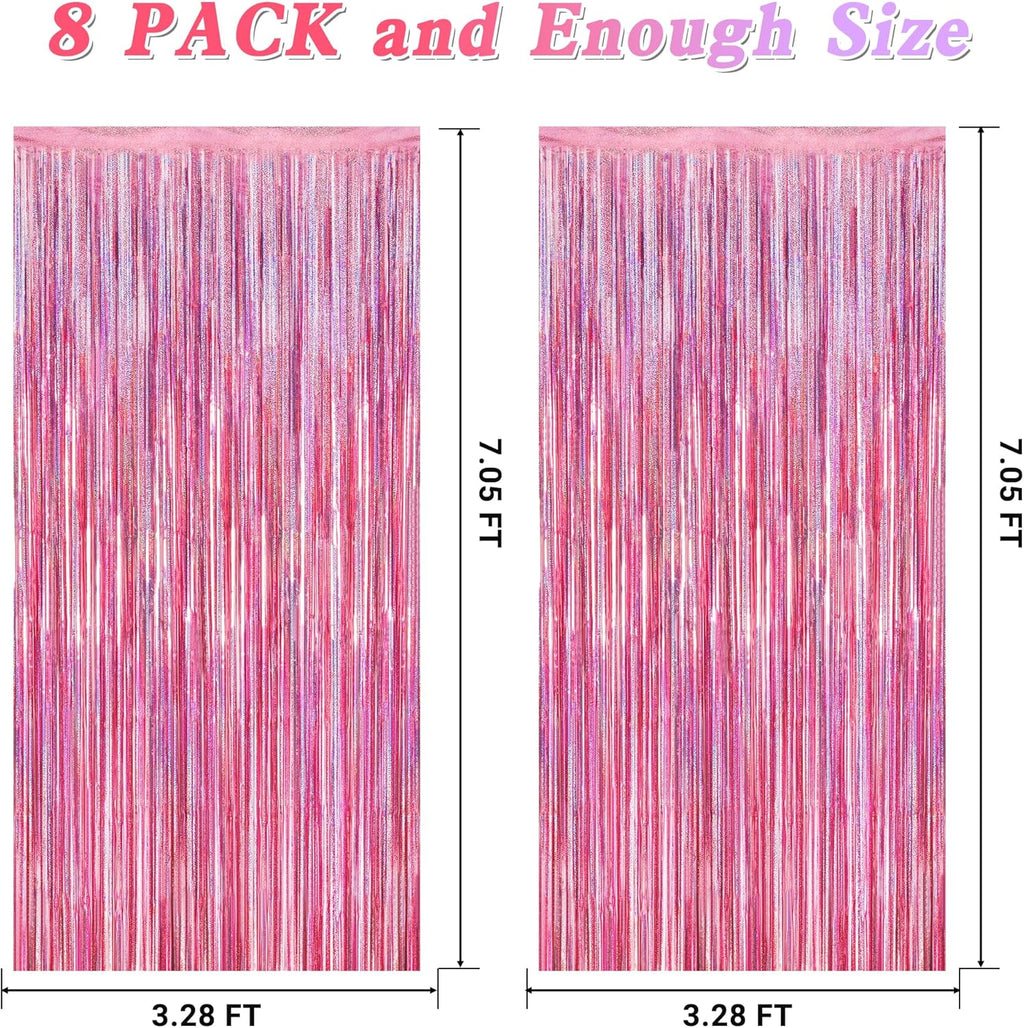 Skiennix Pink Backdrop - 8 Pack Metallic Glitter Fringe Curtains | 3.28 FT x 7.05 FT Party Decor
