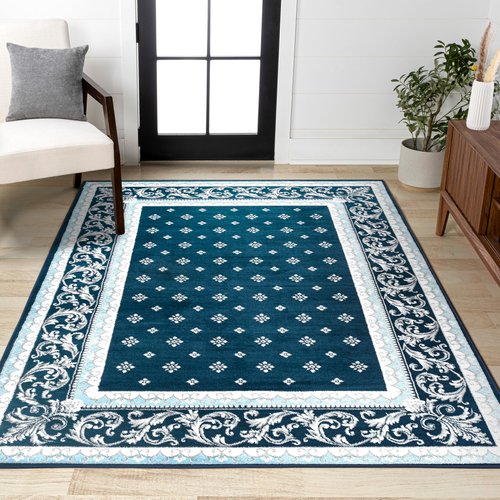 JONATHAN Y Acanthus French Border Navy/Blue Indoor Area Rug, 4x6, Vintage, Bohemian, Easy-Cleaning for Living Room, Bedroom, Kitchen, Pet Friendly, Non-Shedding (MDP504C-4)