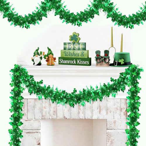 50FT St Patricks Day Green Shamrock Tinsel Garland, Metallic Hanging Garland Shamrock Decor Saint Patricks Day Decoratiosn for Home Indoor Outdoor Decor, Irish Party Supplies for Classroom Office