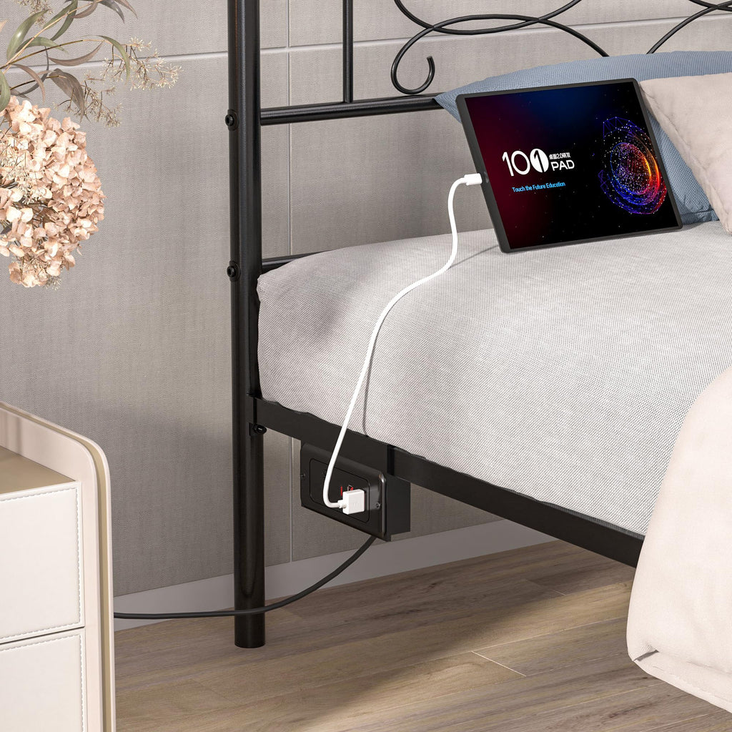 VECELO 14" Queen Size Metal Platform Bed Frame with Headboard and Charging Station,Premium Steel Slat Support No Box Spring Needed,Noise-Free Anti-Slip,Easy Assembly