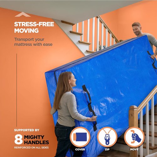 Mattress Bags For Moving - Queen Size Tear-Proof Storage Cover With 8 Handles & Dual Zippers
